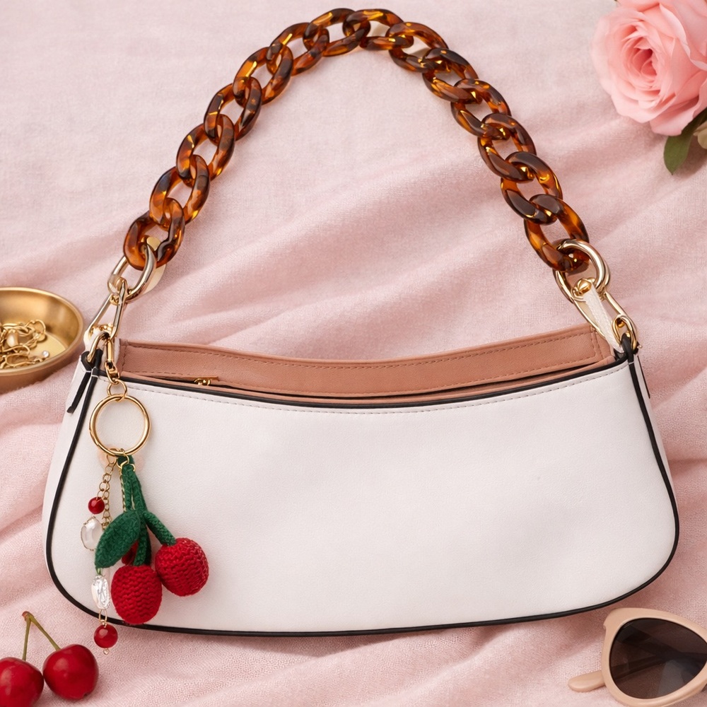 A New Day Elegant White Handbag with Brown Chain and Cherry Charm